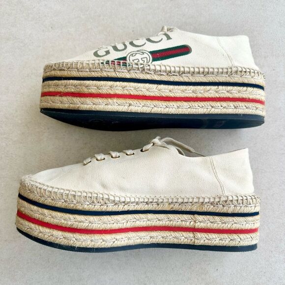 Gucci Cream Canvas Logo Lace-Up Platform Espadrilles Sz 38.5 Collapsible Heels - Picture 5 of 10